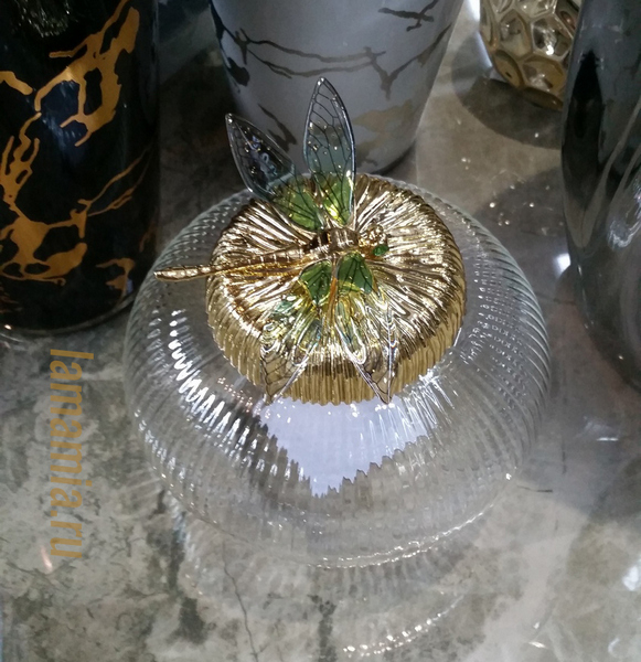 Ваза стеклянная с золотой крышкой со стрекозой 55RD6259S - купить в интернет магазине lamamia.ru с быстрой доставкой