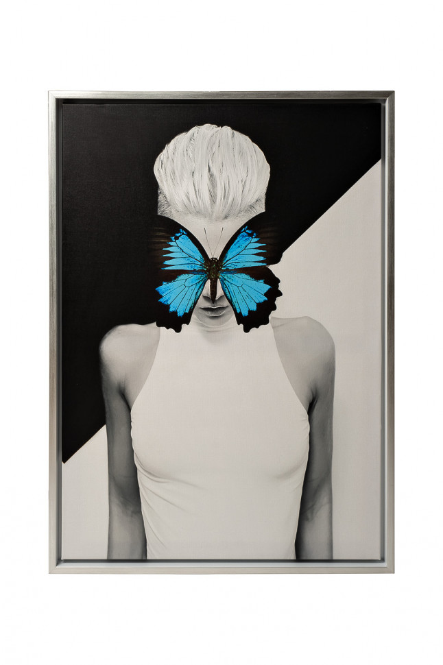 Постер Девушка с бабочкой в сером багете кэнвес